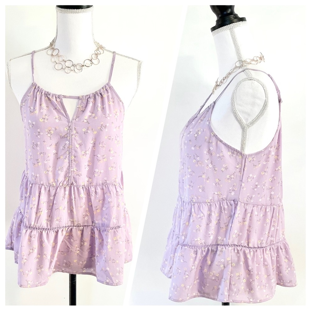 New Pink Rose Floral Flowy Ruffle Tank Top